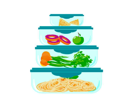 A set of containers with different products. Breakfast, donuts, apple, herbs, pasta, cheese. Storage. Isolated on a white background. Cartoon style. Vector illustrationのイラスト素材
