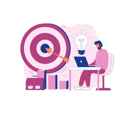 Vector illustration concept of the business mission. Business mission, goal achievement, portfolio. The analyst is sitting at the computer. Flat style, isolated.のイラスト素材