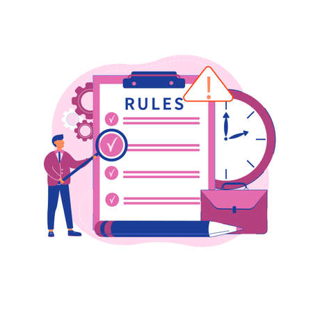 Vector illustration concept of office rules. Legal law, corporate regulation. Agreements and principles of work, rules in the office. Flat style, isolated.のイラスト素材