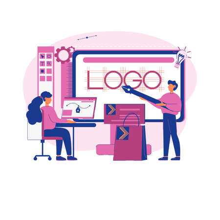The concept of creating a brand and corporate identity. Collaboration to create a logo. Pink and blue. Metaphor. Flat style. A computer. Isolated. Vector illustrationのイラスト素材