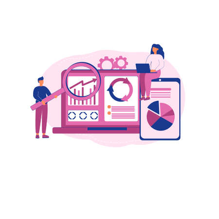 Vector illustration concept of competitor research. Teamwork. Computer tablet analysis. Pink and blue. Flat style. Metaphor. Isolated.のイラスト素材