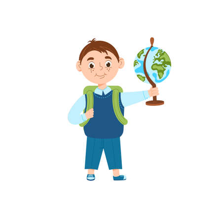 A cheerful schoolboy is holding a globe. Concept back to school. Boy pupil with a backpack. Isolated on a white background. Blue, green. Training.Vector illustrationのイラスト素材
