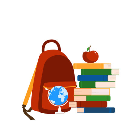 School equipment, back to school concept, globe, books, backpack isolated objects on white background. A stack of books. Red Apple. Flat style. Vector illustrationのイラスト素材