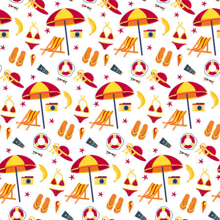 Summer theme pattern with white background. Lifebuoy sun lounger repeating pattern. Blue, yellow, red, Cardboard style. Vector illustrationのイラスト素材