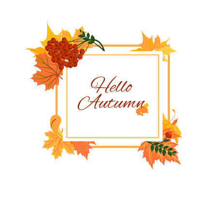 The square gold frame is decorated with beautiful autumn leaves and rowan trees. Isolated on a white background. Cartoon style. Vector illustrationのイラスト素材