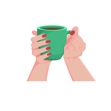 Female hands with a mug of a drink. Beautiful girl holding a cup of tea or coffee. The mug is green. red nails. Empty. Isolated on a white background. Cartoon style. Vector illustrationのイラスト素材