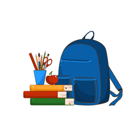 School equipment, back to school concept, school backpack, book pencils, ruler, scissors. Red apple. Isolated objects on a white background. A stack of books. Stroke. Flat style. Vector illustrationのイラスト素材