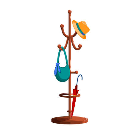 Vector illustration of a floor hanger with a hat and bag and an umbrella hanging on it. Red, yellow, turquoise. Autumn. Cartoon style. The isolated object on a white background. Wooden hangerのイラスト素材