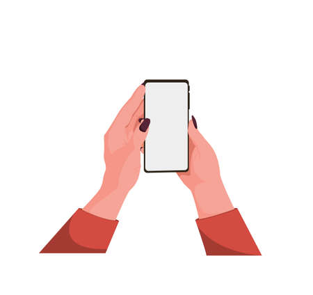 Female hands in a red jacket with a phone. Blank screen. A pretty girl is holding a phone. Isolated on a white background. Cartoon style. Vector illustrationのイラスト素材