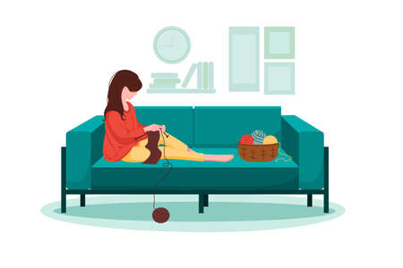 The girl at home sits on the couch and knits a scarf. Basket with multi-colored yarn. Knitting needles, hobbies, knitting, leisure. Isolated on a white background. Flat style. Vector illustrationのイラスト素材