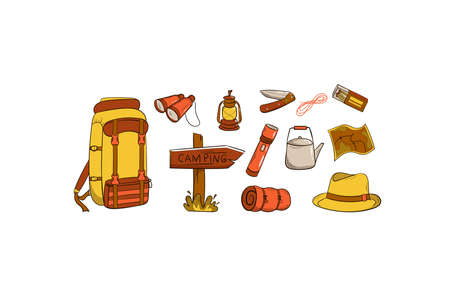 Camping and travel items set. Hand drawn style. Items are arranged in a circle. Hat, canned food, sleeping bag, knife, binoculars, sneakers. Vector illustrationのイラスト素材
