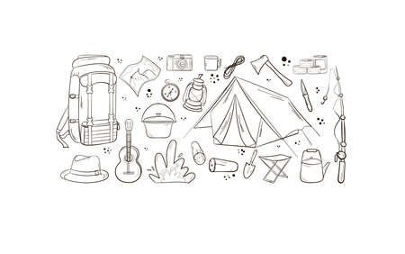 Camping and travel items set. Hand drawn style. Items are arranged in a circle. Hat, canned food sleeping bag first aid kit matches knife binoculars sneakers. Vector illustrationのイラスト素材