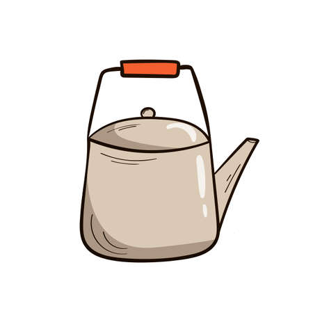 Metallic shiny teapot in hand drawn style. Isolated on a white background. Gray teapot. Kitchen utensils. Vector illustrationのイラスト素材