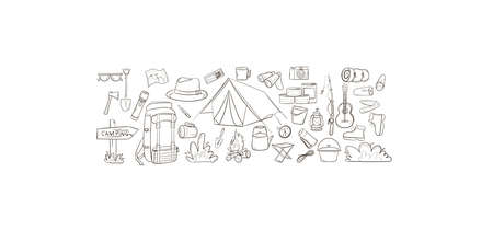 Camping and travel items set. Hand drawn style. Hat, canned food, sleeping bag, binoculars, compass, kettle, tent, sleeping bag, fishing rod bucket boots. Vector illustrationのイラスト素材