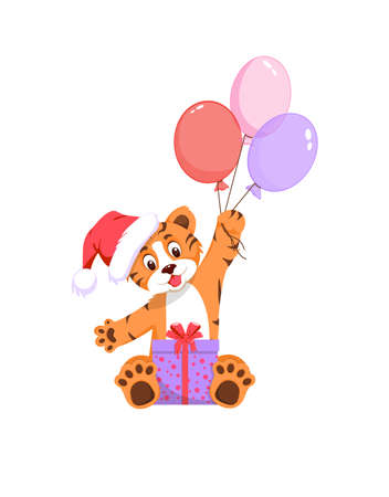 A cute tiger in a Santa Claus hat holds a gift and colorful balloons in its paws. Isolated on a white background. Flat style. Rogo, new year. 2022. Vector illustrationのイラスト素材