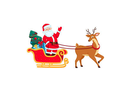 Santa Claus in a red sleigh harnessed to a beautiful reindeer. Gifts, holiday tree. New Years Eve. Flat style. Isolated on a white background. Celebration. New Year. Christmas. Vector illustrationのイラスト素材