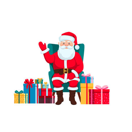 Santa Claus is sitting on a green chair. There are gifts around. Present. Flat style. Christmas, holiday, fun. Holiday. Father Frost. Isolated over white background. Vector illustrationのイラスト素材