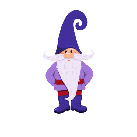 Cute gnome in a blue hat and boots. The gnome stands and smiles. A dwarf with a long beard. Hands behind your back. Flat style. Isolated on a white background. Long mustache. Vector illustrationのイラスト素材
