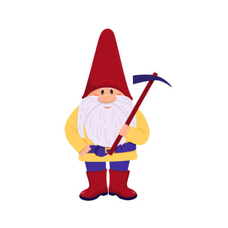 Cute gnome in a red hat and boots. The dwarf stands up and smiles. A dwarf with a long beard. In the hands of a hammer. Flat style. Isolated on a white background. Long mustache. Vector illustrationのイラスト素材