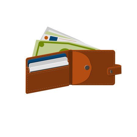 Leather brown open wallet and money. Abundance. The wallet from which the money is visible. Dollar. Purchase. Vector illustration. Isolated on white. Flat style.のイラスト素材