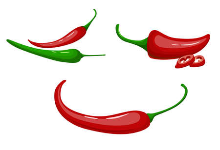 Set of chili peppers isolated on white background. Red and green chili peppers. Mexican food. Mexico. Sharp, burning, burning. Spices. Cartoon style. One object. Vector illustrationのイラスト素材