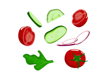A set of useful vegetables. Chopped vegetables, slices, onions, onion slices. Isolated on white background. Half a tomato. Vector illustrationのイラスト素材