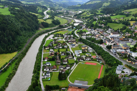 07.06.2022 Town of Werfen (Salzburgland) - Salza River and town - view from Hohenwerfen Castleのeditorial素材