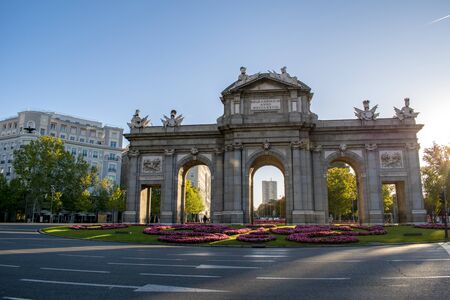 Puerta de AlcalÃ¡ in Madrid with bright colors and without carsの写真素材