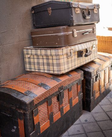 Old trunks and stacked suitcases of treated leather.の写真素材