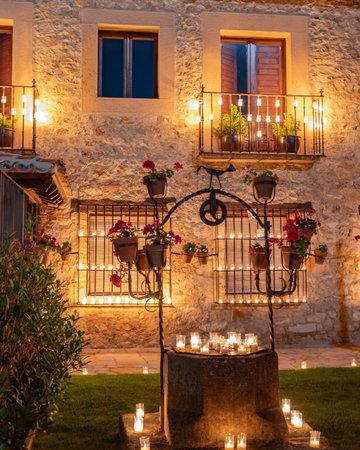 Cityscape with Illuminated Buildings and Christmas Decorations at Nightの写真素材