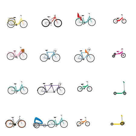 Vector illustrations of bicycle, child bike seat and kick scooterのイラスト素材