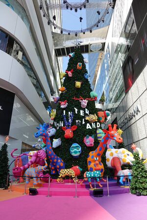 Sukhumvit, Bangkok, Thailand, 11.20.2019,  Christmas tree and decoration outside a shopping centre, Emquartier welcomes Christmas and New Year,  Winter Wonderland, pine forests Various animal formsのeditorial素材