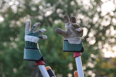Gardening gloves on tools in the evening sun atmospheric close up