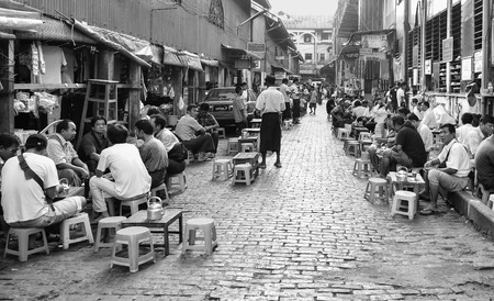 YANGON, MYANMAR - FEB 27, 2015. Coffee shops at Bogyoke Market in Yangon, Myanmar. Bogyoke Market was built in 1926 and was formerly known as Scott Market.のeditorial素材