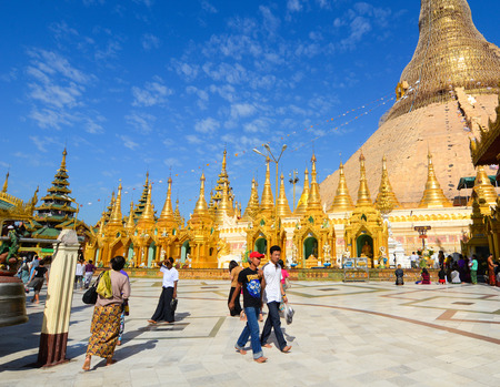 YANGON, MYANMAR - JAN 14, 2015: The atmosphere of Shwedagon Pagoda in Yangon, Myanmar. Shwedagon Pagoda is the most sacred Buddhist pagoda for the Burmese.のeditorial素材