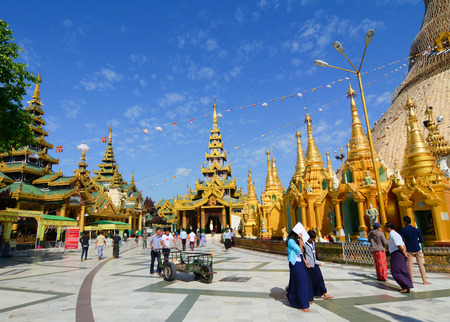 YANGON, MYANMAR - JAN 14, 2015: The atmosphere of Shwedagon Pagoda in Yangon, Myanmar. Shwedagon Pagoda is the most sacred Buddhist pagoda for the Burmese.のeditorial素材
