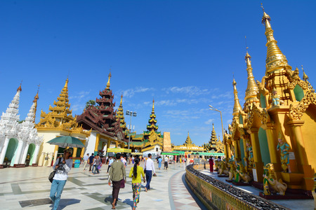 YANGON, MYANMAR - JAN 14, 2015: The atmosphere of Shwedagon Pagoda in Yangon, Myanmar. Shwedagon Pagoda is the most sacred Buddhist pagoda for the Burmese.のeditorial素材