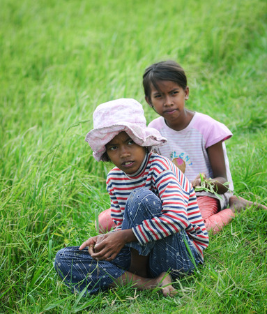 An Giang, Vietnam - Feb 11, 2015. Unidentified children playing on rice field in Mekong Delta, Southern Vietnam.のeditorial素材