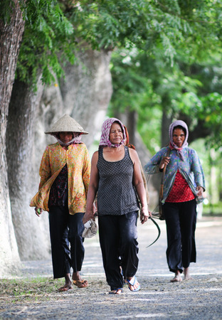 MEKONG DELTA, VIETNAM - JAN 13, 2014. Khmer women ride bicycle to home after working, Chau Doc, An Giang, Vietnam.のeditorial素材