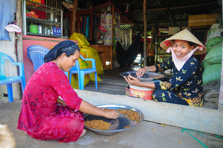 TRA VINH, VIETNAM - APR 06, 2015. Unidentified woman with smile sells fruits in a local market in Tra Vinh province, Vietnam.のeditorial素材