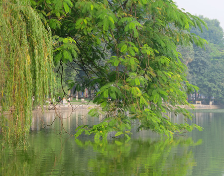 HANOI, VIETNAM - FEB 11, 2015. Ho Hoan Kiem, the little lake in the old part of Hanoi, Vietnam, with the Turtle Tower.のeditorial素材