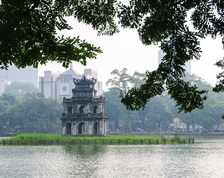 HANOI, VIETNAM - FEB 11, 2015. Ho Hoan Kiem, the little lake in the old part of Hanoi, Vietnam, with the Turtle Tower.のeditorial素材