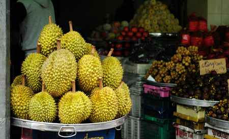 Asian market, exotic fruits in Mekong Delta, southern Vietnam.のeditorial素材