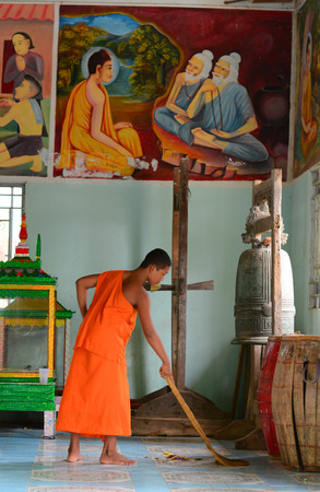 Buddhist monks at an ancient Khmer temple in Mekong Delta, southern Vietnam.のeditorial素材