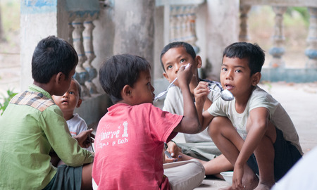 Mekong Delta, Vietnam - Mar 12, 2011. Group of unidentified Asian children have fun at Vietnamese...