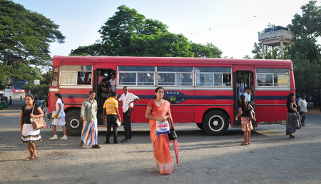 HIKKADUWA, SRI LANKA - FEB 1, 2012. Regular public bus from Hikkaduwa to Galle. Buses are the most widespread public transport type in Sri Lanka.のeditorial素材
