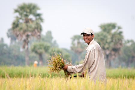 Mekong Delta, Vietnam - Mar 12, 2011. Portrait of Vietnamese farmer working on the rice field in southern Vietnam.のeditorial素材