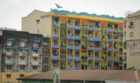 Yangon, Myanmar - Jan 14, 2015. Old residential building in Yangon, Myanmar. Century-old buildings with magnificent architecture are main tourist attraction in downtown Yangon.のeditorial素材