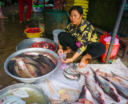 Mekong Delta, Vietnam - Jun 20, 2015. Unidentified women selling fresh fishes and vegetables at the local market in Mekong Delta, Vietnam.のeditorial素材