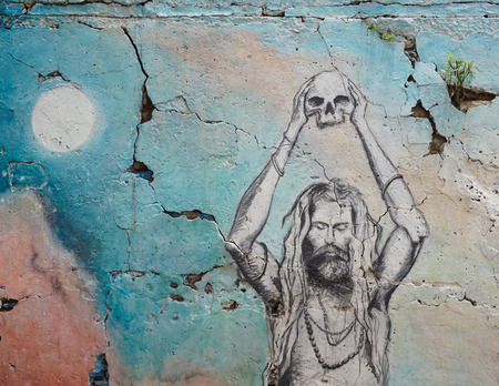 Varanasi, India - Jul 12, 2015. Graffiti on the ghats of Varanasi, India. The spiritual capital of India, it is the holiest of the seven sacred cities in Hinduism and Jainism.のeditorial素材